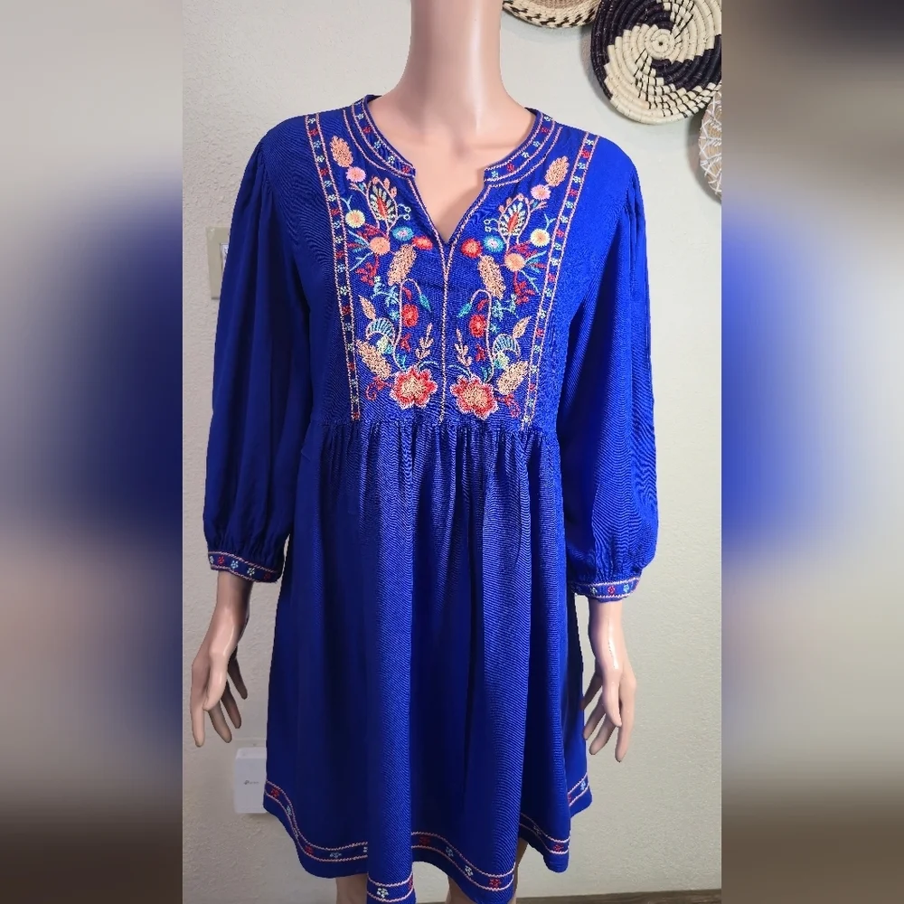 Solitaire Royal Blue Embroidered Bohemian Peasant Dress With Pockets Size Large - Picture 7 of 13